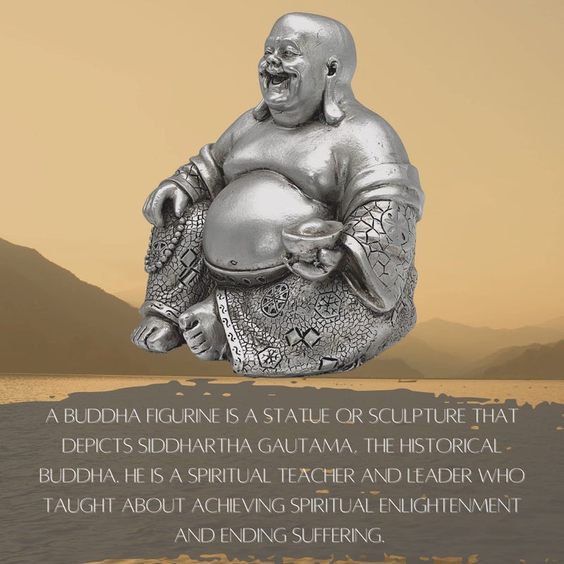 Bellaa 25761 Happy Laughing Buddha Hotei Feng Shui for Money Wealths Zen Chinese Buddhist Monk Budai Luck Happiness Budaishi Silver 6" Inches - Image 2